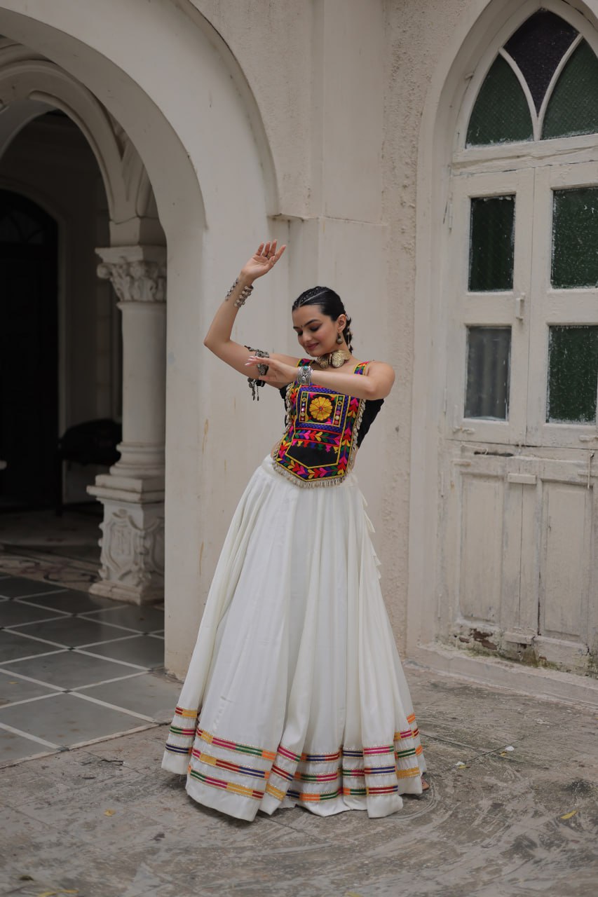 White Festive Roman Fabric Lehenga with black Kutchi Gamthi Embroidered Top ClothsVilla