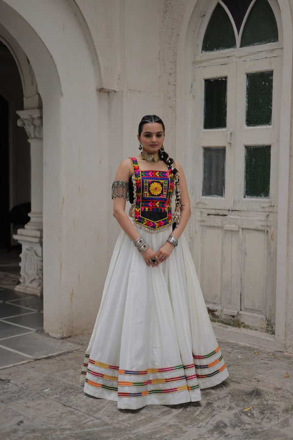 White Festive Roman Fabric Lehenga with black Kutchi Gamthi Embroidered Top ClothsVilla