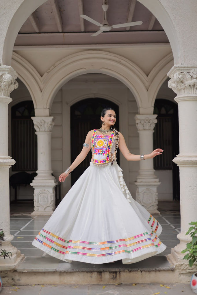 White Festive Roman Fabric Lehenga with Kutchi Gamthi Embroidered Top ClothsVilla