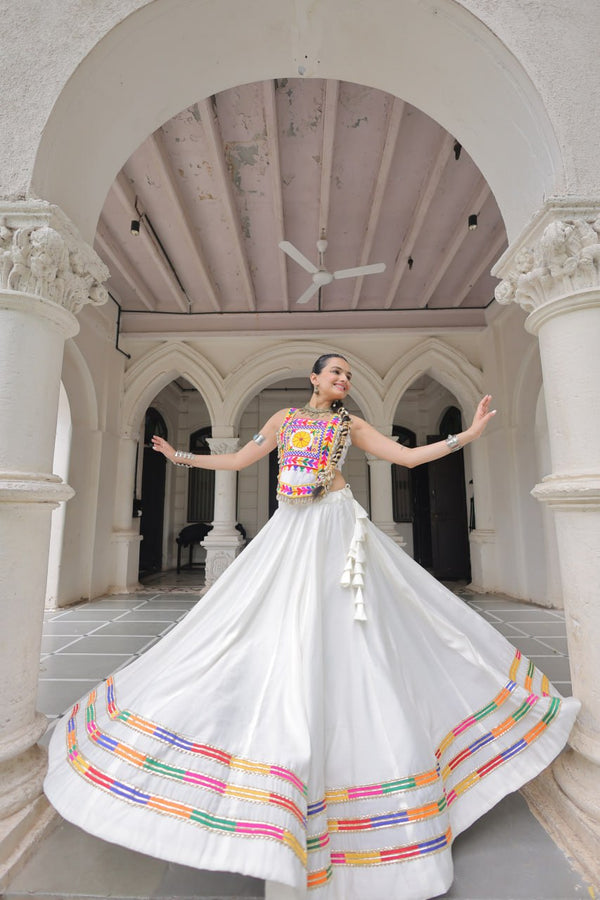 White Festive Roman Fabric Lehenga with Kutchi Gamthi Embroidered Top ClothsVilla