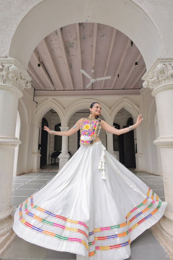 White Festive Roman Fabric Lehenga with Kutchi Gamthi Embroidered Top ClothsVilla