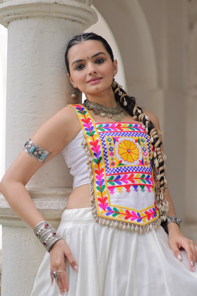 White Festive Roman Fabric Lehenga with Kutchi Gamthi Embroidered Top ClothsVilla