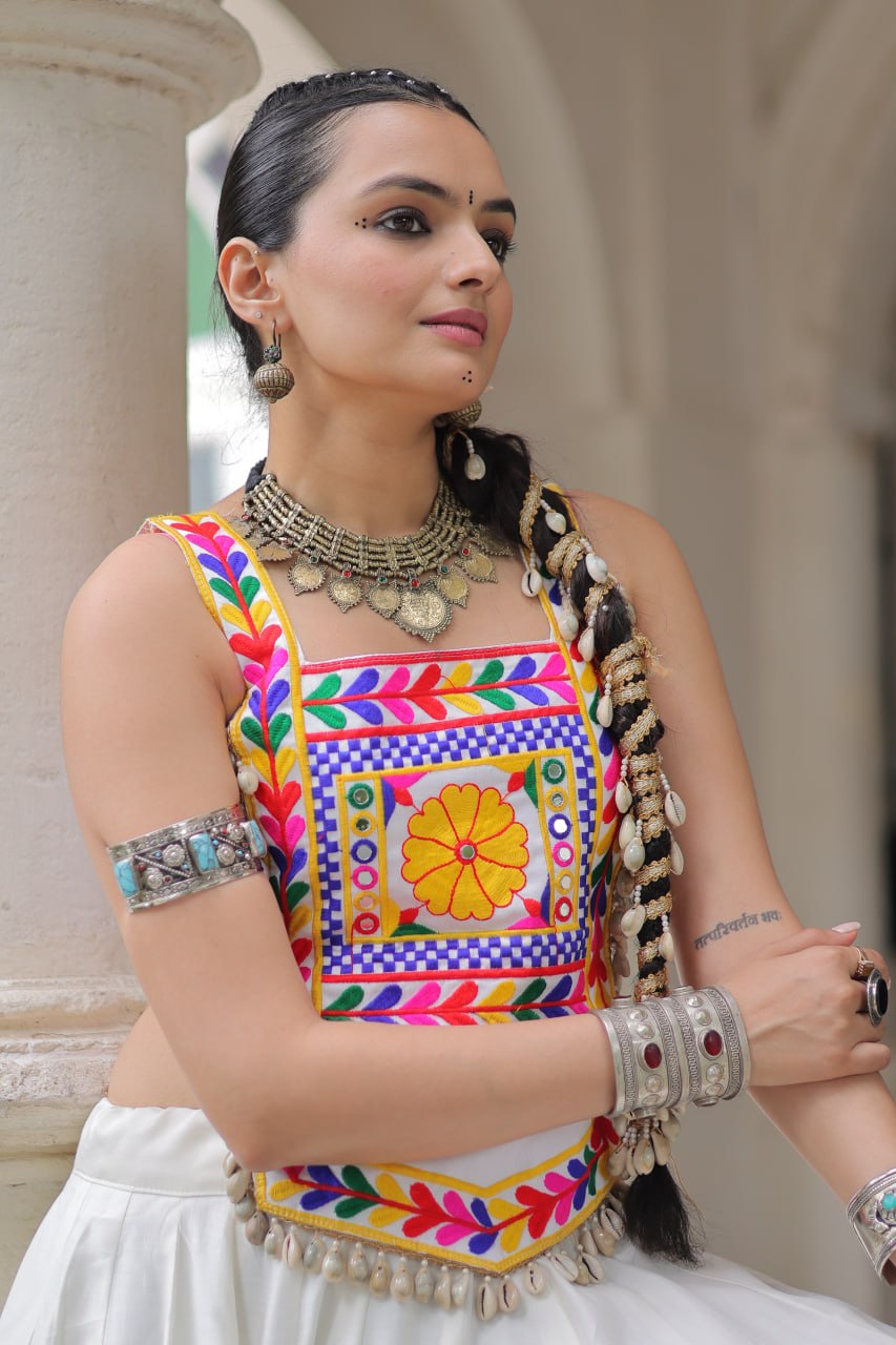 White Festive Roman Fabric Lehenga with Kutchi Gamthi Embroidered Top ClothsVilla