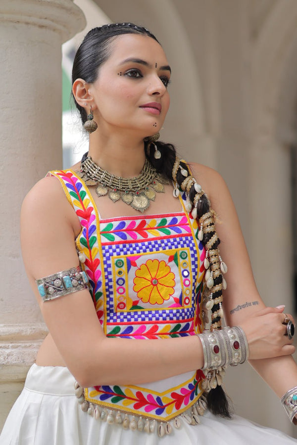 White Festive Roman Fabric Lehenga with Kutchi Gamthi Embroidered Top ClothsVilla
