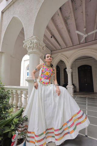 White Festive Roman Fabric Lehenga with Kutchi Gamthi Embroidered Top ClothsVilla