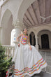 Load image into Gallery viewer, White Festive Roman Fabric Lehenga with Kutchi Gamthi Embroidered Top ClothsVilla