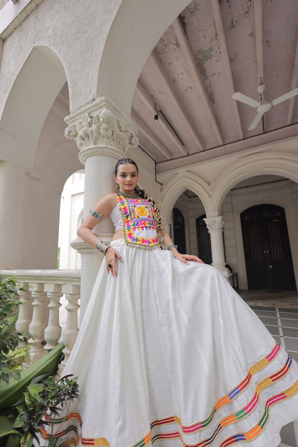 White Festive Roman Fabric Lehenga with Kutchi Gamthi Embroidered Top ClothsVilla