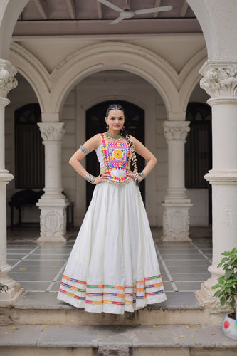 White Festive Roman Fabric Lehenga with Kutchi Gamthi Embroidered Top ClothsVilla