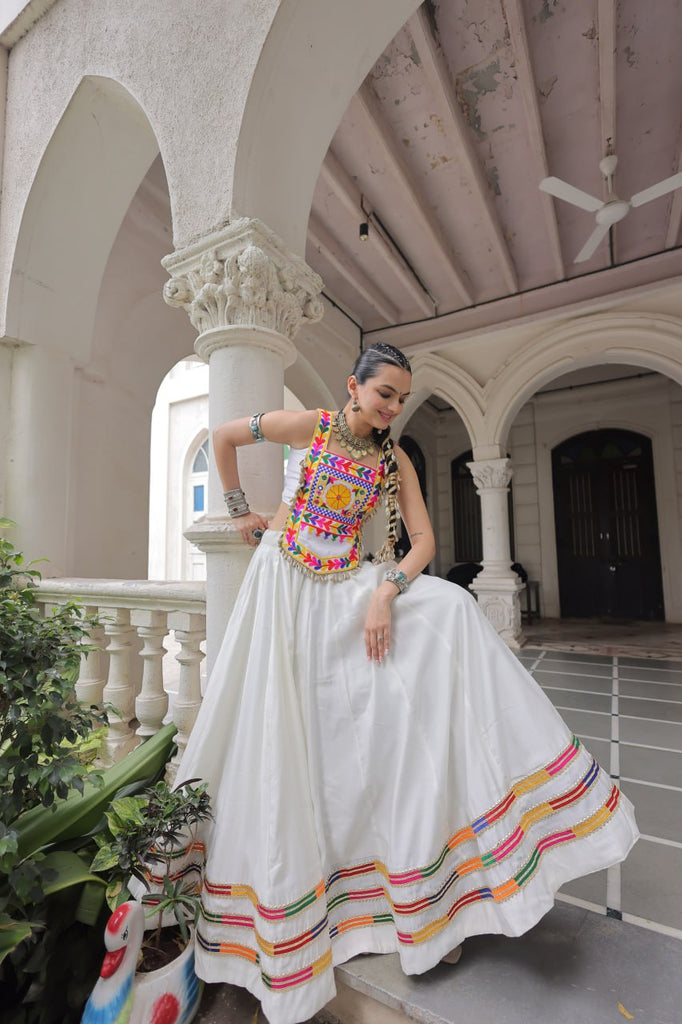 White Festive Roman Fabric Lehenga with Kutchi Gamthi Embroidered Top ClothsVilla