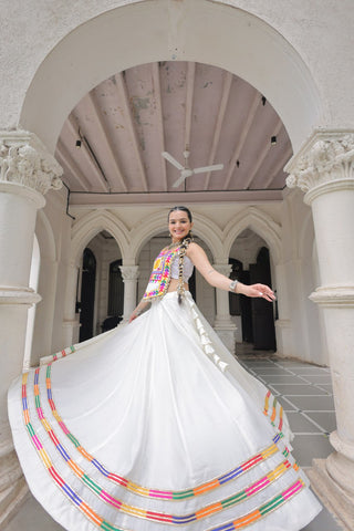 White Festive Roman Fabric Lehenga with Kutchi Gamthi Embroidered Top ClothsVilla