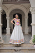 Load image into Gallery viewer, White Festive Roman Fabric Lehenga with Kutchi Gamthi Embroidered Top ClothsVilla
