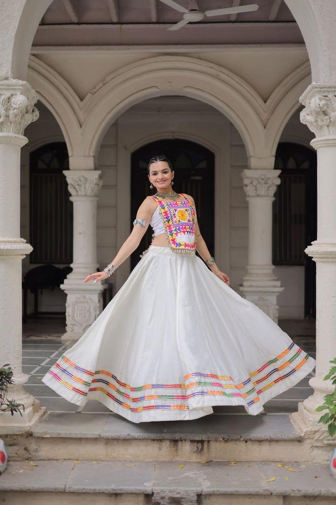 White Festive Roman Fabric Lehenga with Kutchi Gamthi Embroidered Top ClothsVilla