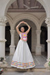 Load image into Gallery viewer, White Festive Roman Fabric Lehenga with Kutchi Gamthi Embroidered Top ClothsVilla