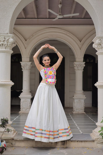White Festive Roman Fabric Lehenga with Kutchi Gamthi Embroidered Top ClothsVilla