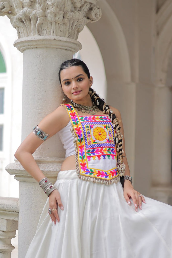 White Festive Roman Fabric Lehenga with Kutchi Gamthi Embroidered Top ClothsVilla