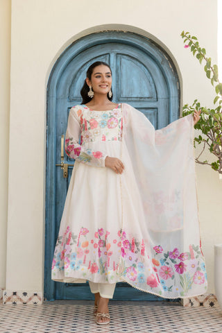White Floral Digital Printed Organza Silk Anarkali Set with Gota Lace Dupatta – Fully Stitched ClothsVilla