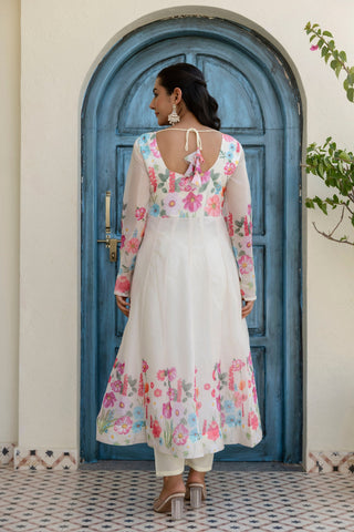 White Floral Digital Printed Organza Silk Anarkali Set with Gota Lace Dupatta – Fully Stitched ClothsVilla