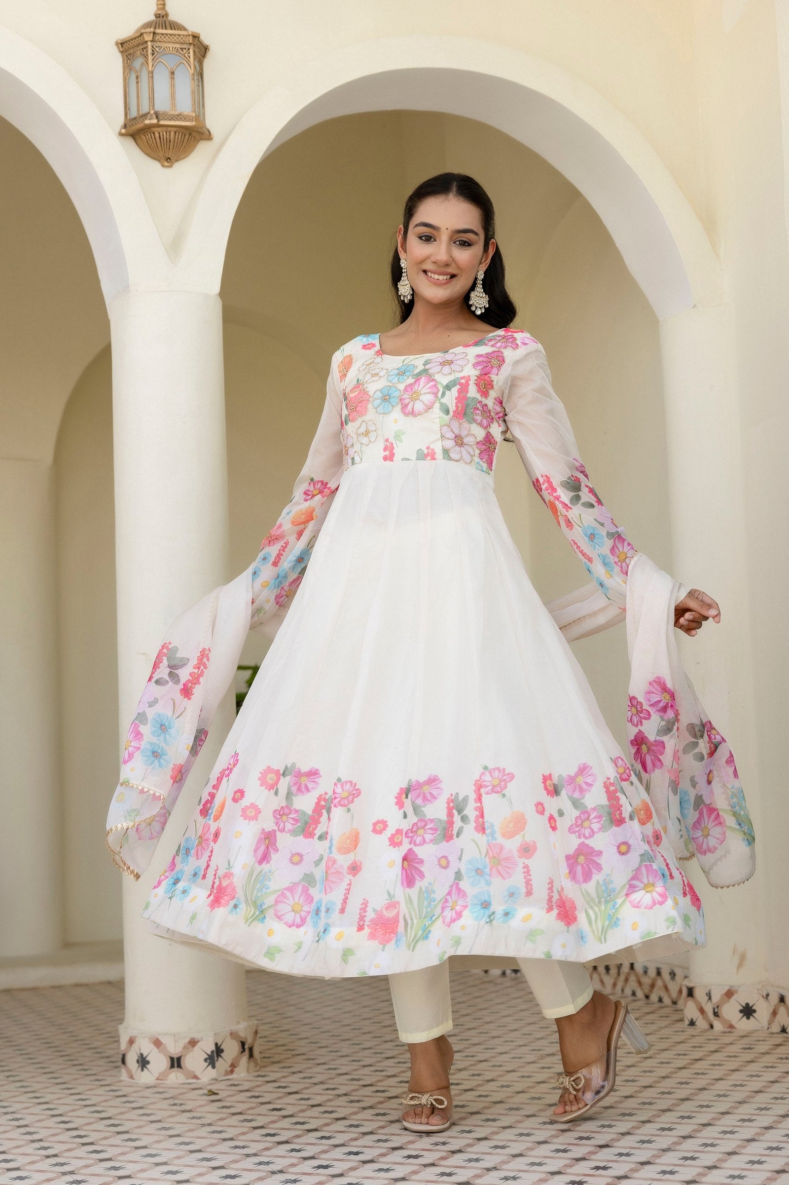 White Floral Digital Printed Organza Silk Anarkali Set with Gota Lace Dupatta – Fully Stitched ClothsVilla