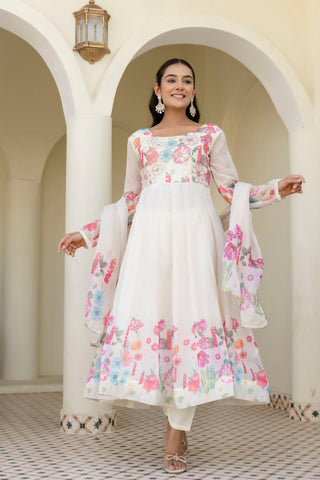 White Floral Digital Printed Organza Silk Anarkali Set with Gota Lace Dupatta – Fully Stitched ClothsVilla
