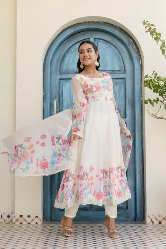 White Floral Digital Printed Organza Silk Anarkali Set with Gota Lace Dupatta – Fully Stitched ClothsVilla
