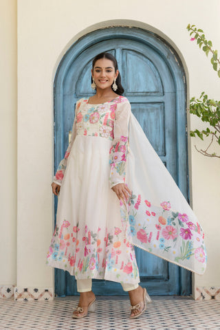 White Floral Digital Printed Organza Silk Anarkali Set with Gota Lace Dupatta – Fully Stitched ClothsVilla