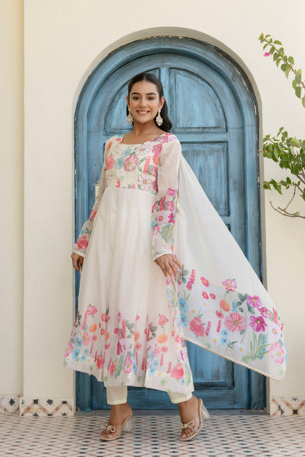 White Floral Digital Printed Organza Silk Anarkali Set with Gota Lace Dupatta – Fully Stitched ClothsVilla