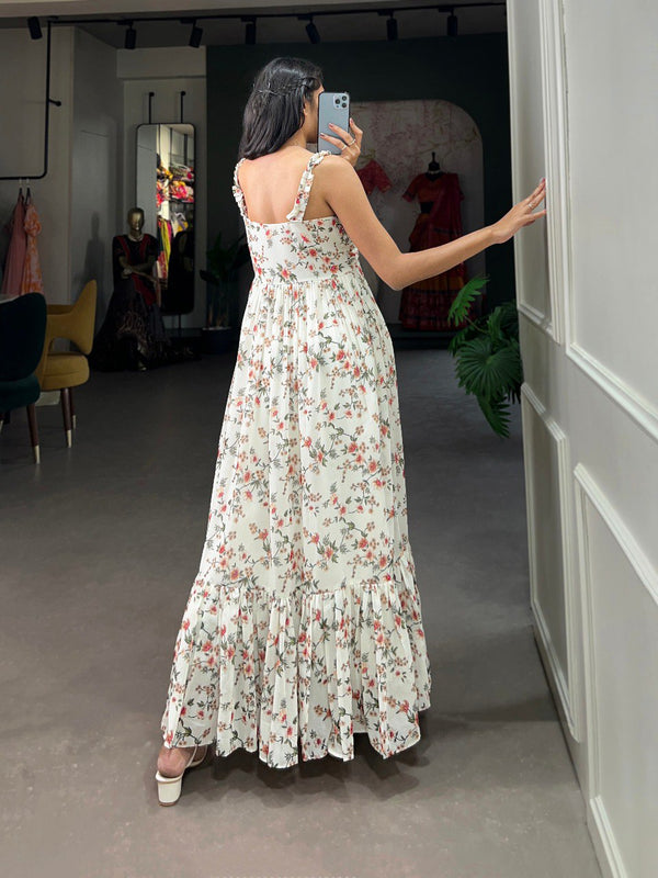 White Floral Georgette Frock in Modern Ethnic Style ClothsVilla