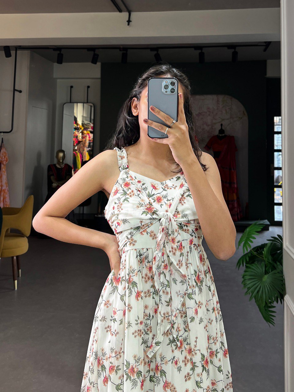 White Floral Georgette Frock in Modern Ethnic Style ClothsVilla