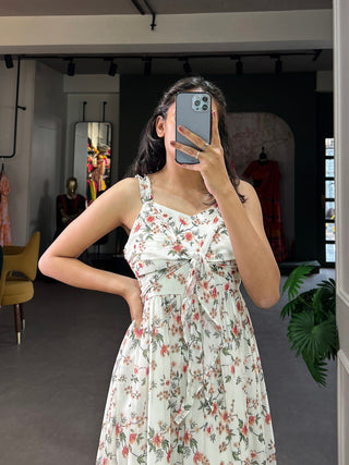 White Floral Georgette Frock in Modern Ethnic Style ClothsVilla