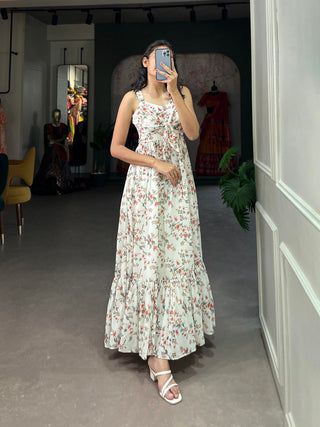 White Floral Georgette Frock in Modern Ethnic Style ClothsVilla