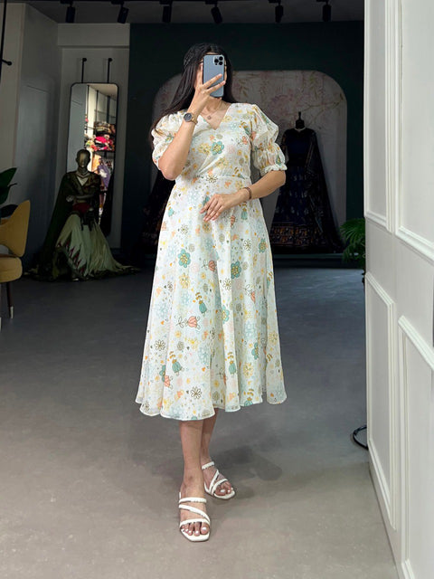White Floral Georgette Frock - Elegant Spring Dress ClothsVilla Main image