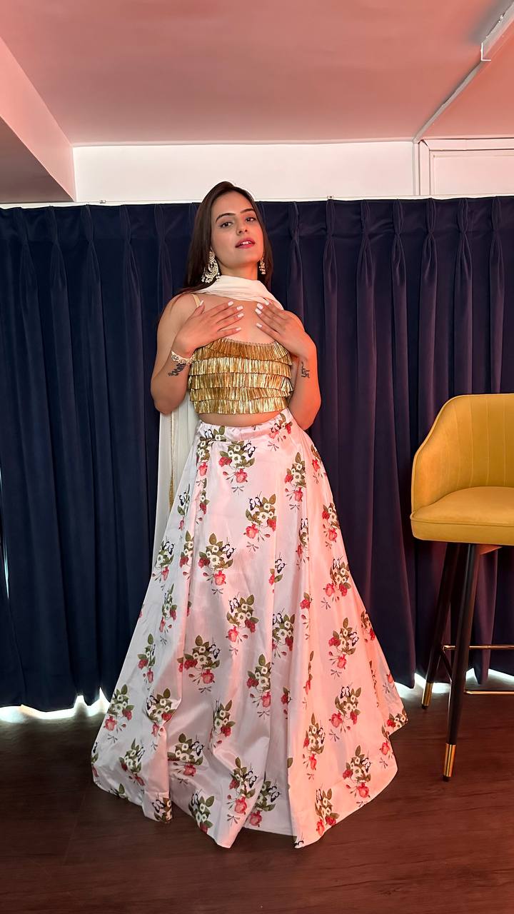 White Floral Magic Tapeta Silk Lehenga Set with Banarasi Jhul Work — A Blooming Beauty ClothsVilla