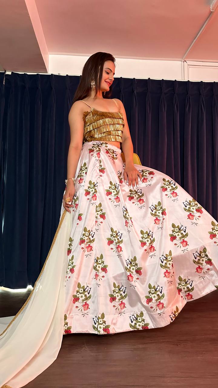 White Floral Magic Tapeta Silk Lehenga Set with Banarasi Jhul Work — A Blooming Beauty ClothsVilla