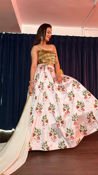 White Floral Magic Tapeta Silk Lehenga Set with Banarasi Jhul Work — A Blooming Beauty ClothsVilla