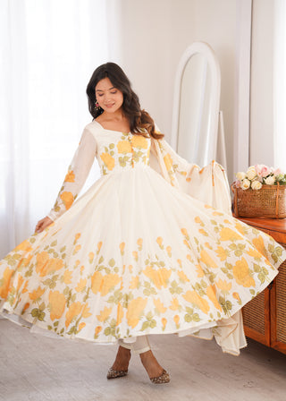 White Floral Organza Silk Anarkali Gown ClothsVilla