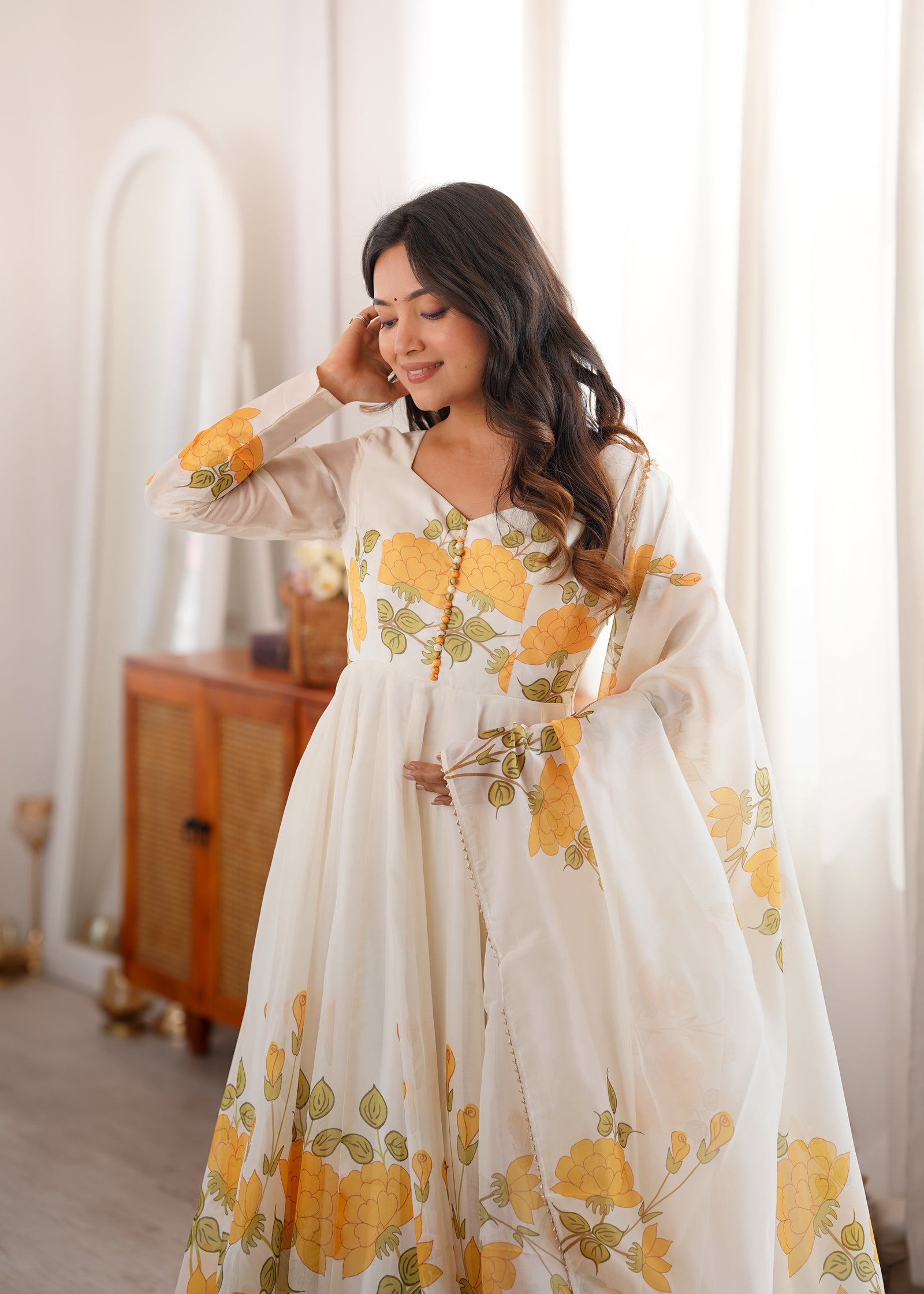 White Floral Organza Silk Anarkali Gown ClothsVilla