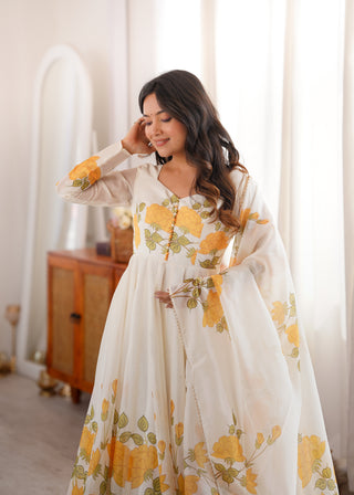 White Floral Organza Silk Anarkali Gown ClothsVilla