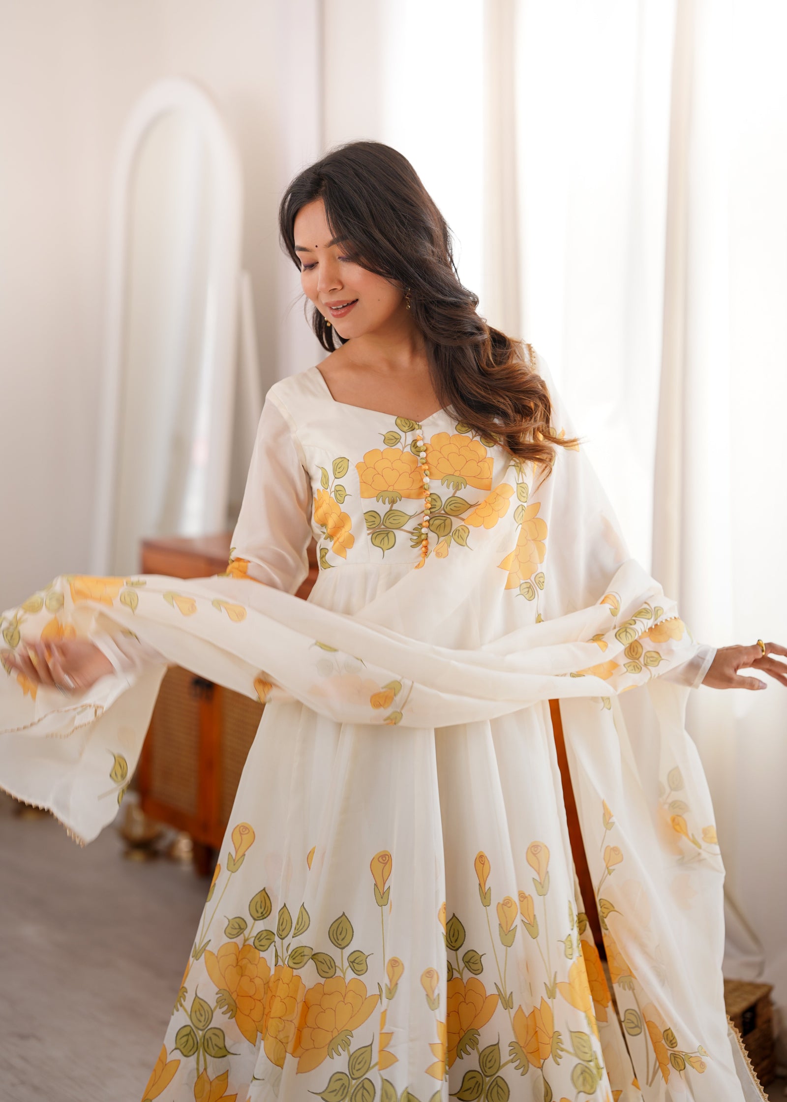 White Floral Organza Silk Anarkali Gown ClothsVilla