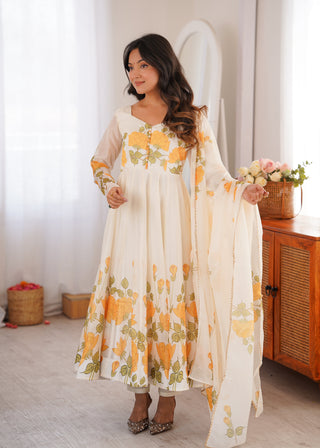 White Floral Organza Silk Anarkali Gown ClothsVilla