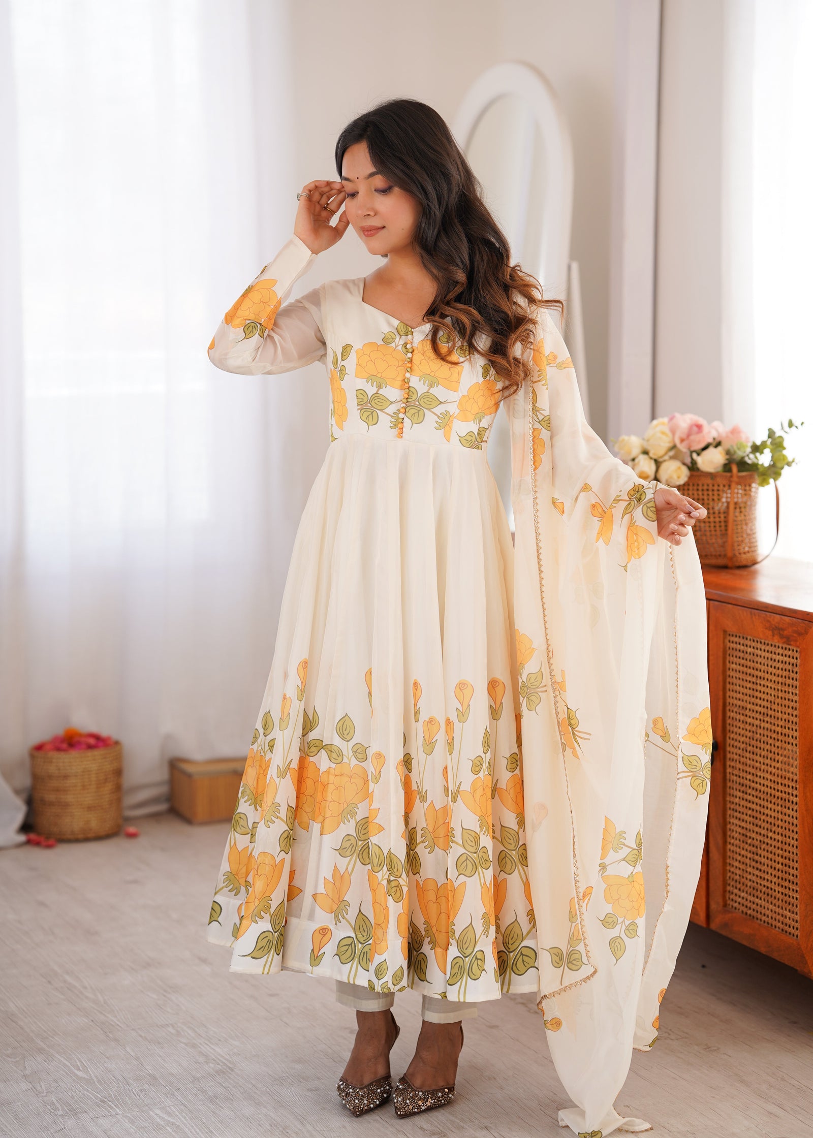 White Floral Organza Silk Anarkali Gown ClothsVilla