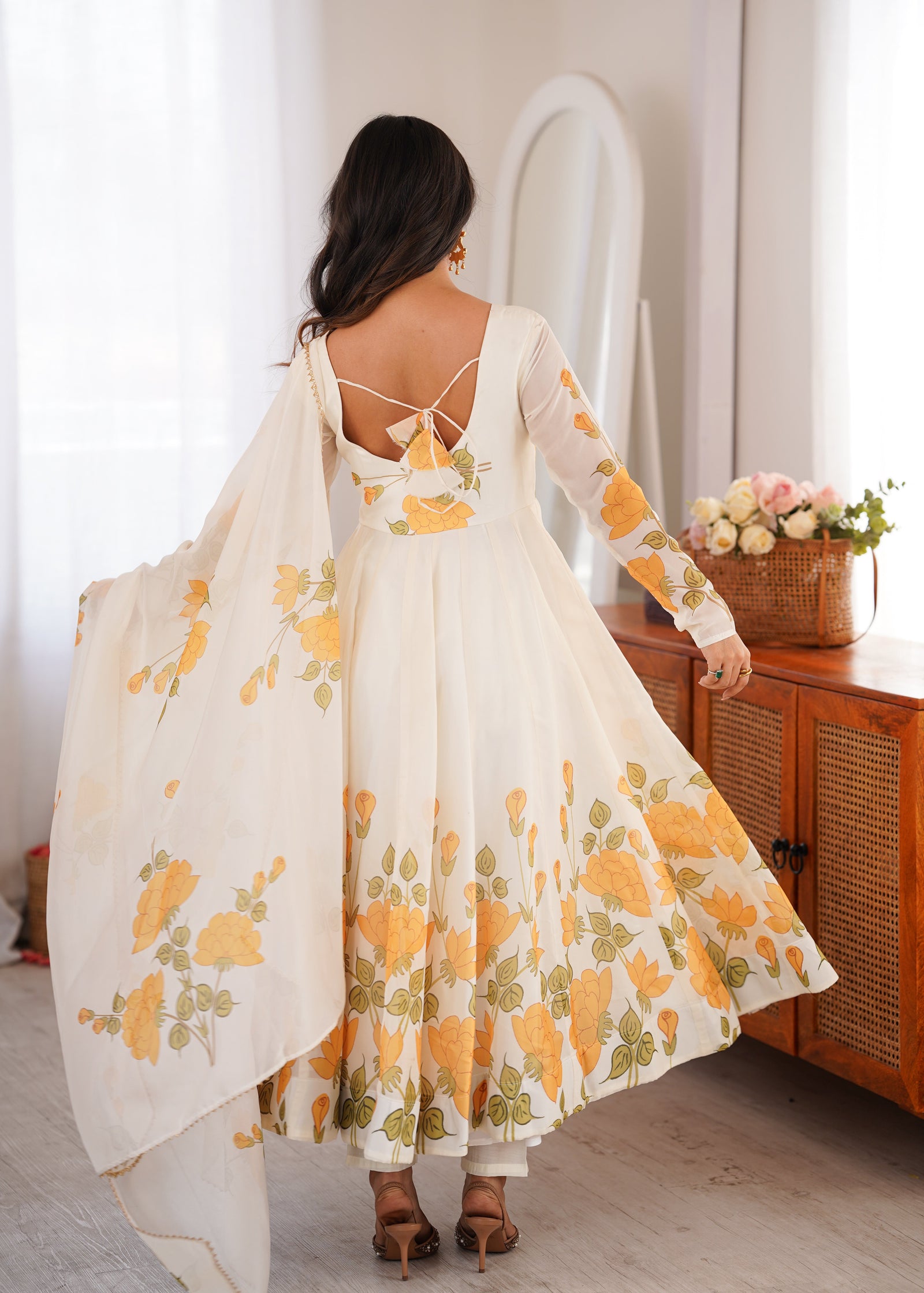 White Floral Organza Silk Anarkali Gown ClothsVilla
