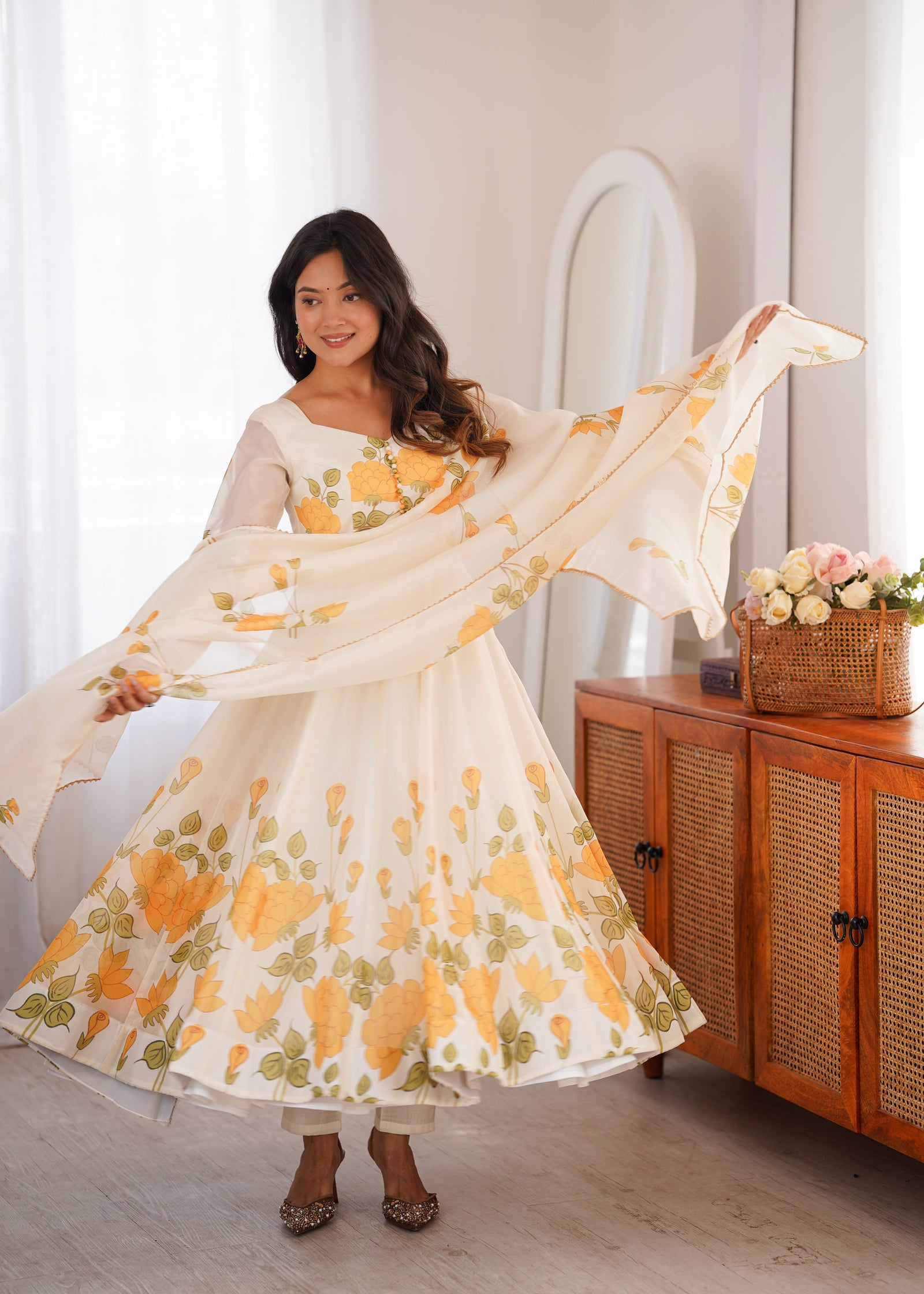 White Floral Organza Silk Anarkali Gown ClothsVilla