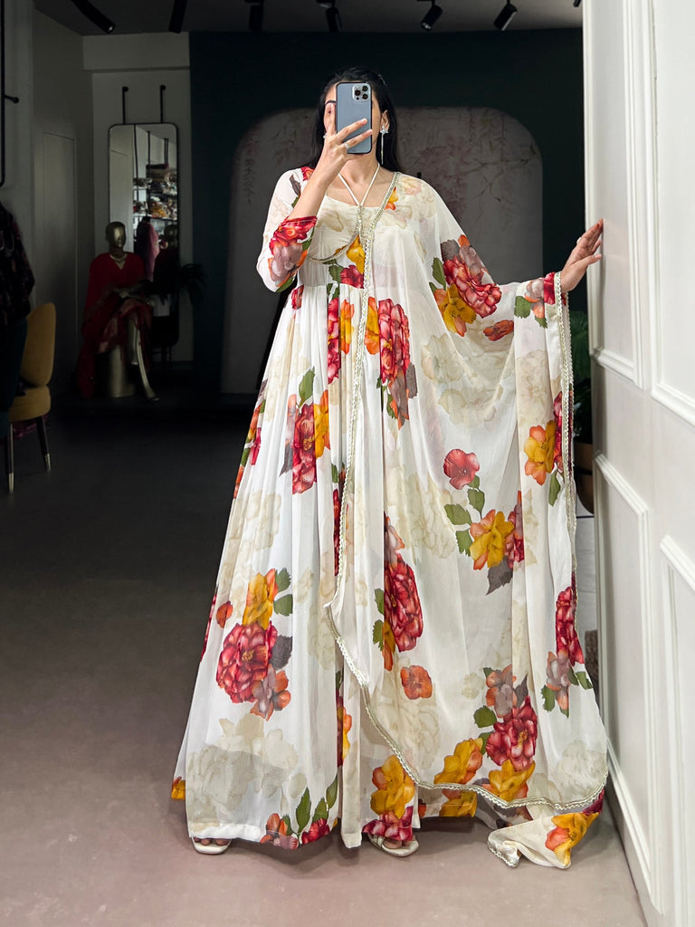 White Floral Print Chiffon Stitched Gown with Lace Touch-Up & Designer Dupatta – Full Flair Partywear Gown for Women ClothsVilla