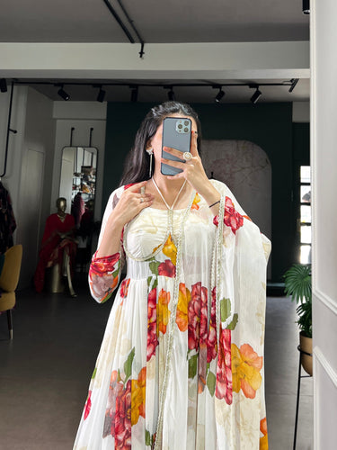 White Floral Print Chiffon Stitched Gown with Lace Touch-Up & Designer Dupatta – Full Flair Partywear Gown for Women ClothsVilla