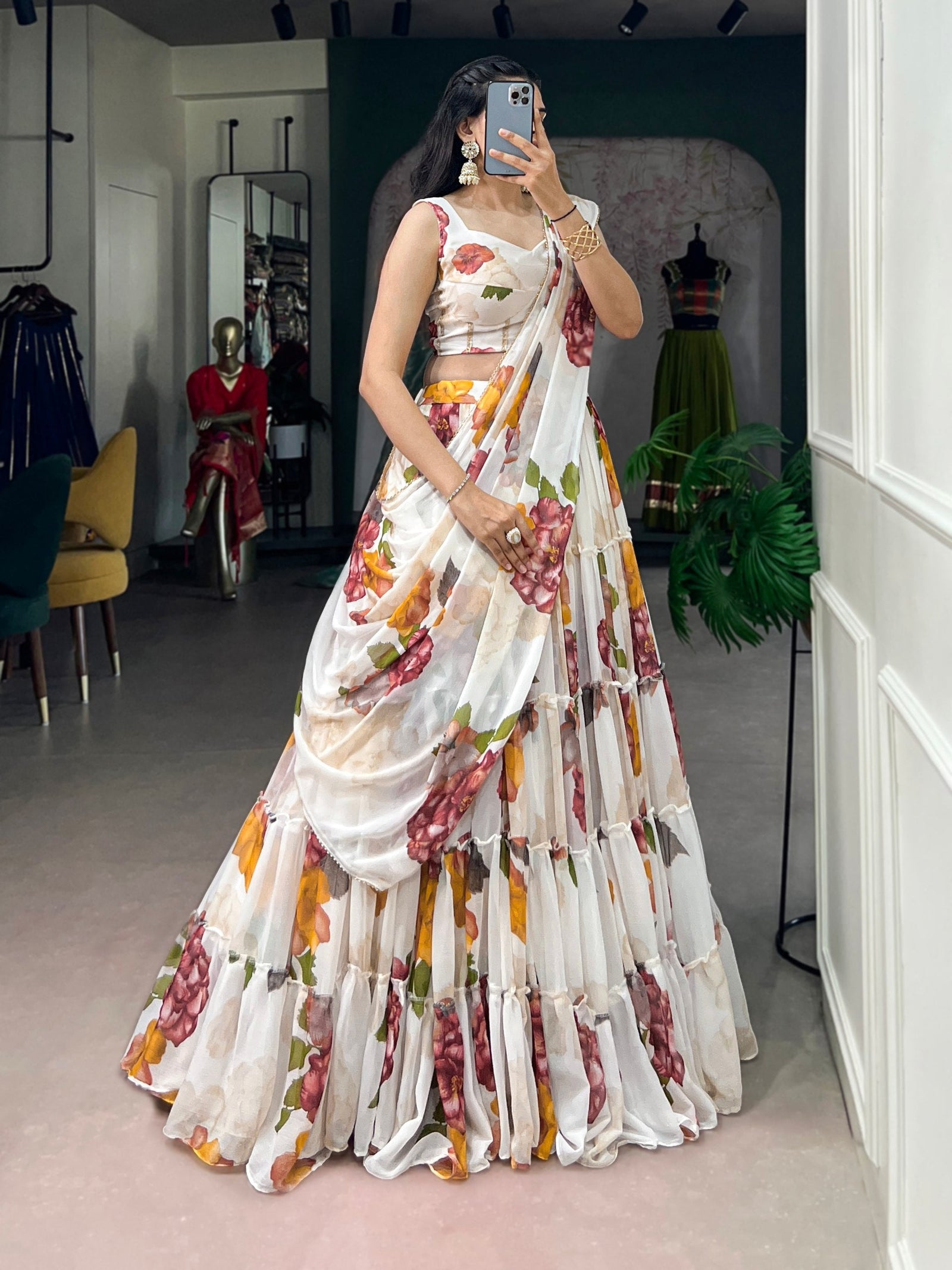 White Floral Print Lehenga Set ClothsVilla