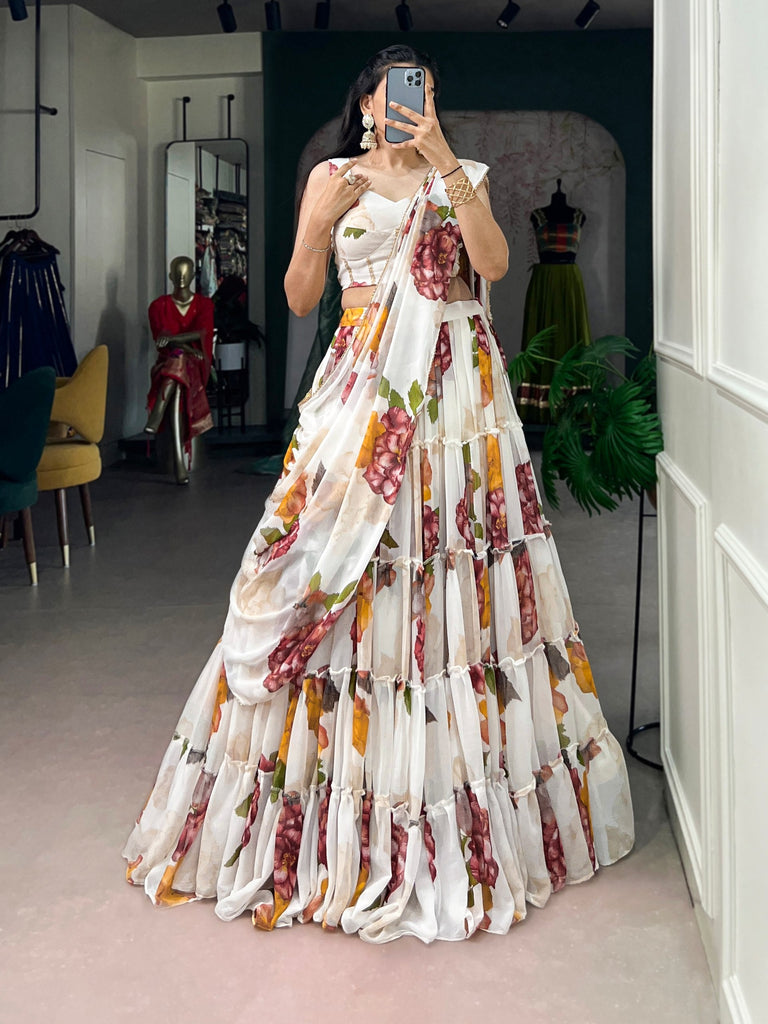 White Floral Print Lehenga Set ClothsVilla