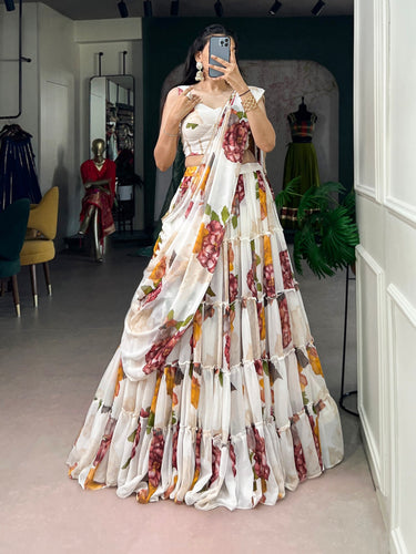 White Floral Print Lehenga Set ClothsVilla