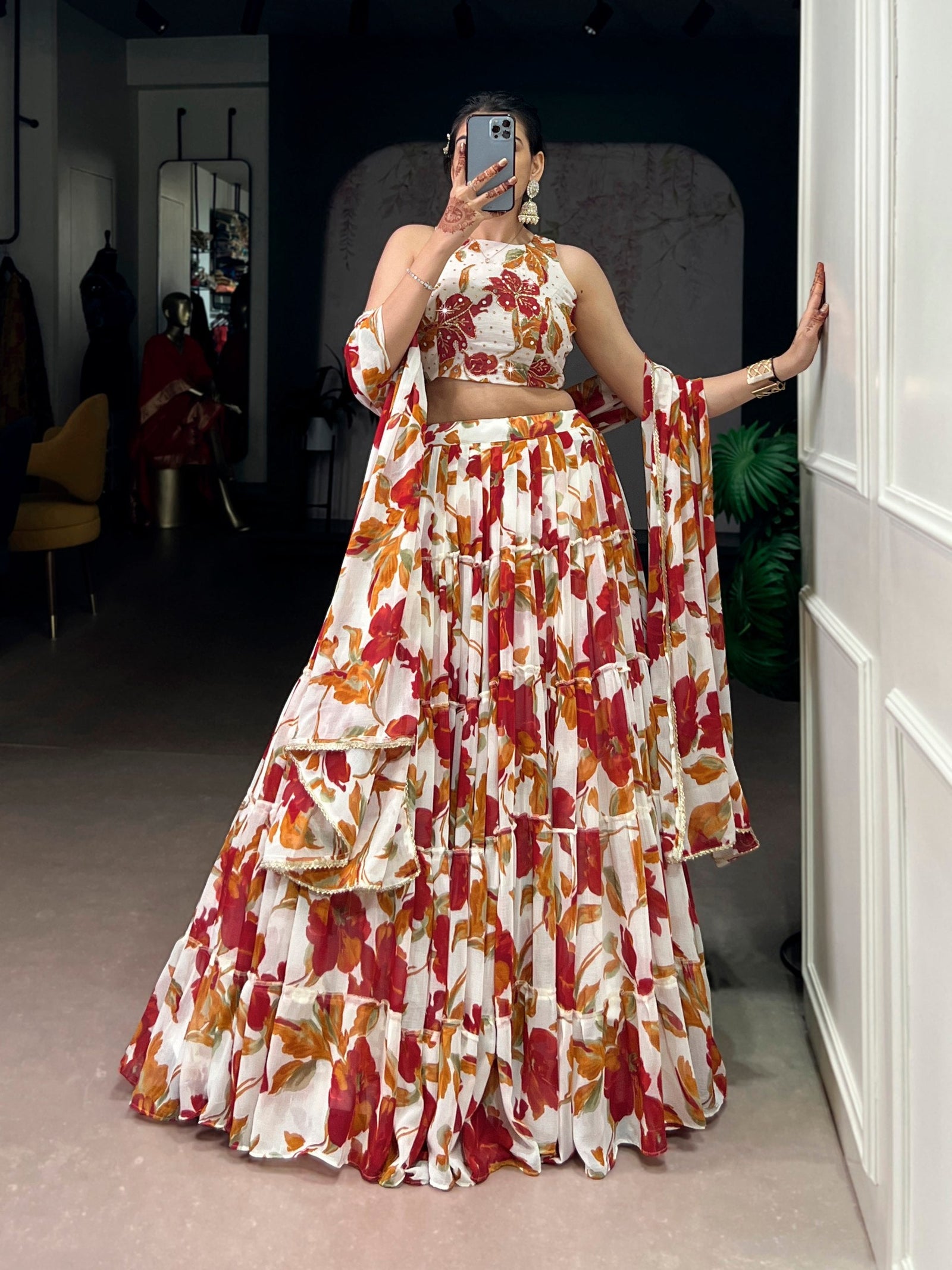 White Floral Printed Lehenga Choli Set ClothsVilla