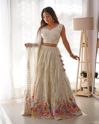 White Fox Georgette Sequin Embellished Lehenga Set – Dual Sequin Sparkle ClothsVilla