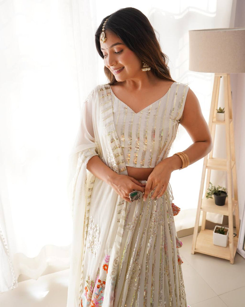 White Fox Georgette Sequin Embellished Lehenga Set – Dual Sequin Sparkle ClothsVilla